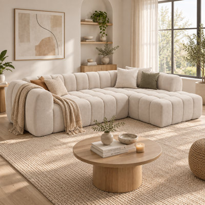 Brophy 111.3-Inch Tufted Bubble Modular Sectional Sofa, 4-Seat L-Shape Cloud Couch in Boucle Teddy Fabric with High-Density Vacuum-Compressed Foam, Boneless No-Assembly Sofa
