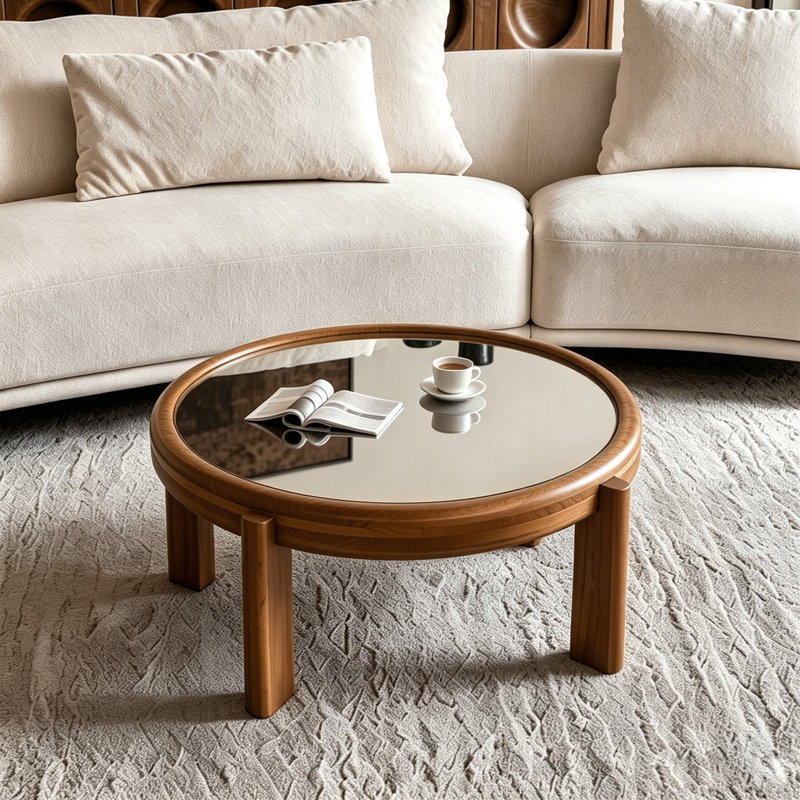 Round Coffee & Cocktail Tables, Mirrored Wood MDF, Retro Modern Living Room