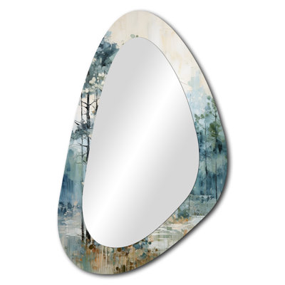 Pine Tree Enchanted Forest II - Pine Irregular Shape Wall Mirror, Traditional Asymmetrical Decorative Mirror, Printed Metal Art