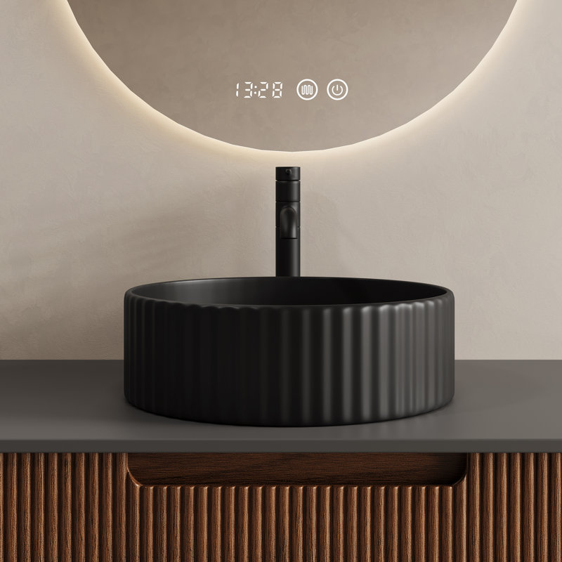Black Round Ceramic Vessel Sink, Modern Linear Design, With Drain Assembly, 4" H X 14" W, Fits 3.35" Countertop Hole