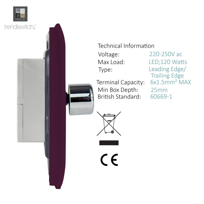 Trendi Switch 2 Gang 1 or 2 way 100w Rotary LED Dimmer Light Switch, Plum