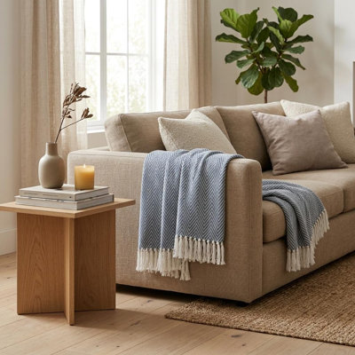Jeté rayé en coton tissé bleu