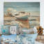 Paysage de bateau bleu et blanc - Bateau côtier, art mural sur bois de pin naturel-101407729
