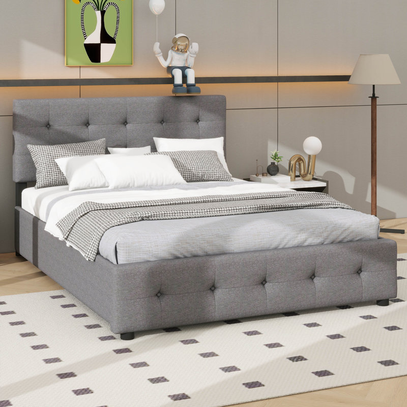 Grand lit plateforme tapissier avec deux tiroirs et un lit gigogne coulissant, Gris clair