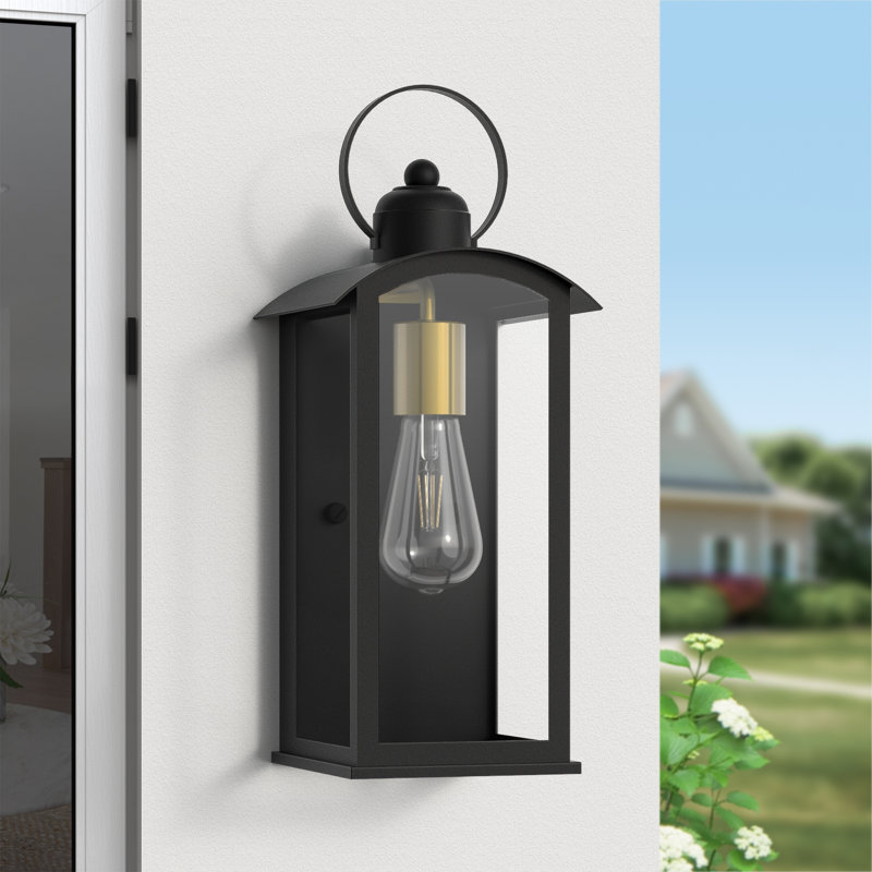1 - Light 15''H Black and Gold Iron Tempered Glass Outdoor Wall Lantern with Dusk to Dawn