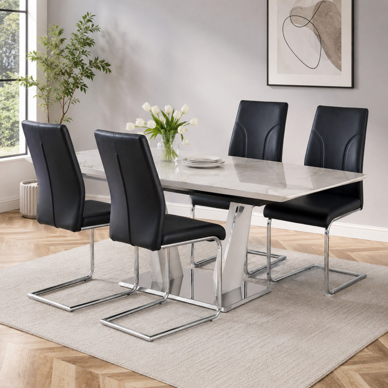 Austwell Modern Parsons Upholstered Faux Leather Cantilever Dining Chair (Set of 4), 4, Black