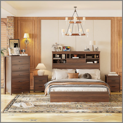 4PCS Bedroom Sets, Wooden Queen Size Bed Frame with Storage Headboard and Charging Station, 2 Nightstands with 2 Drawers, 1 Dresser with 5 Drawers, Walnut