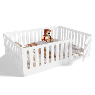 Queen Size Floor Bed with High Fence for Kids, Solid Wood Kids Montessori Bed with Door, low-profile and No Box Spring Needed Design, White