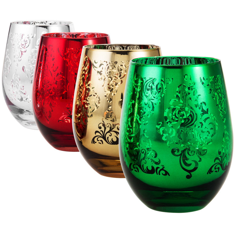 Festive Multicolor Stemless Wine Glass Set with Baroque Pattern, 16 oz Capacity