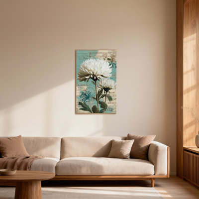 Plantes et fleurs, chrysanthème blanc, notes de musique florales sur fond rétro