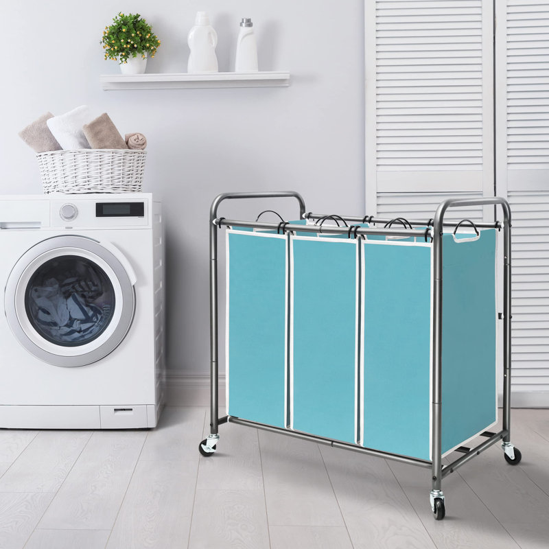 Blue Polyester Canvas Laundry Sorter with Metal Frame and Wheels