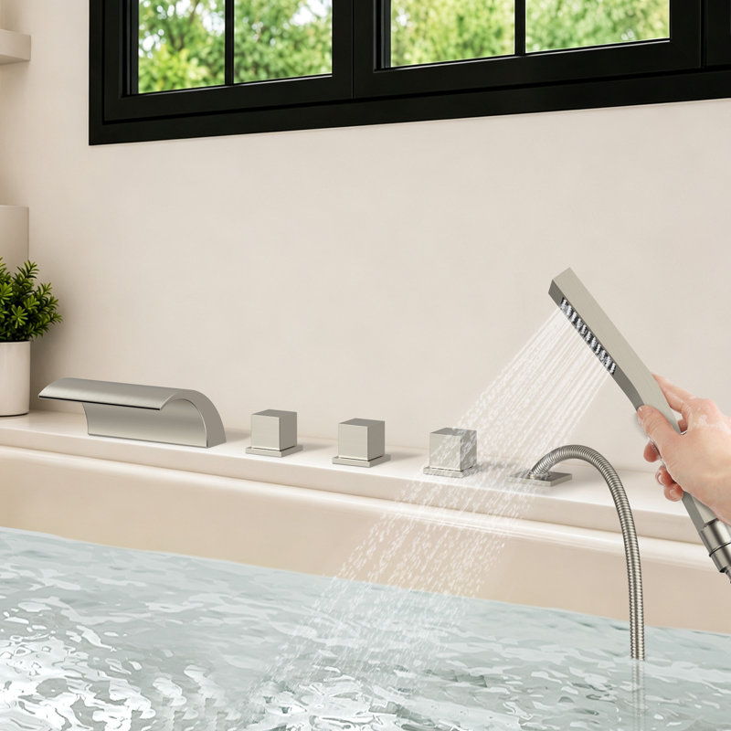 Robinet de baignoire romaine à 3 poignées à fixation sur le comptoir avec douche à main, Nickel brossé