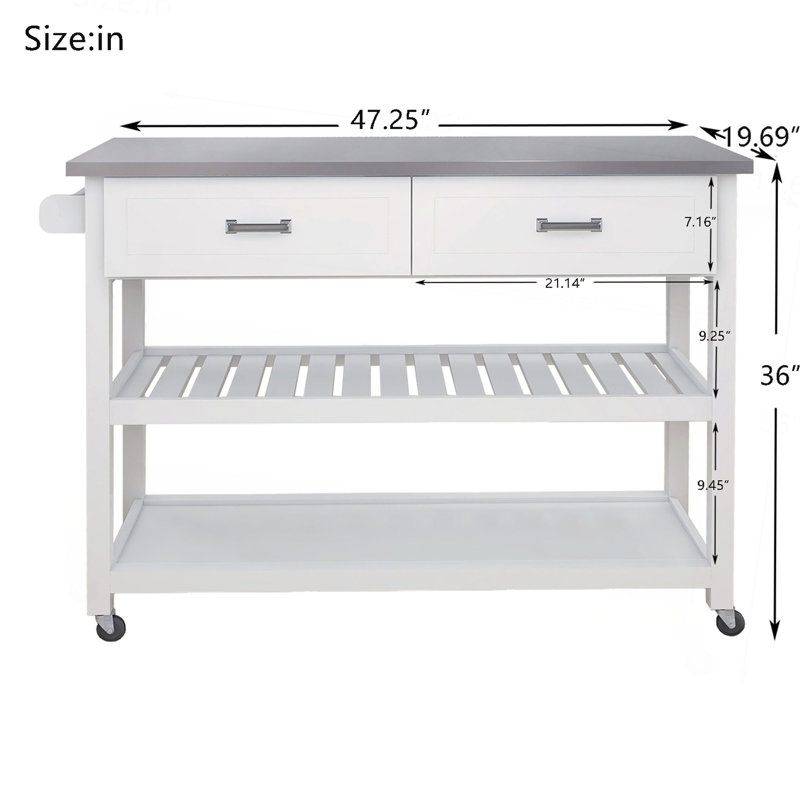 Chariot Kicthen blanc avec deux tiroirs et plateau en acier inoxydable