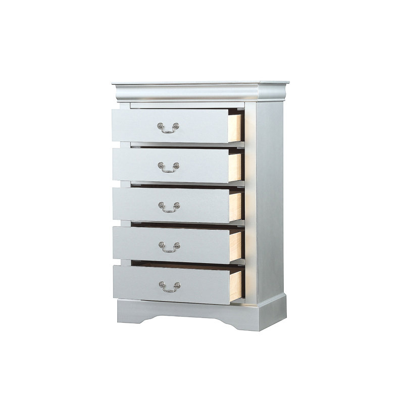 Commode 5 tiroirs avec poignées en métal, Argent argent