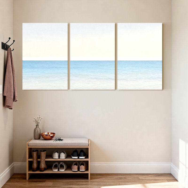Ensemble de 3 tableaux minimalistes sur toile tendue représentant un horizon océanique, H 18 po x l 36 po