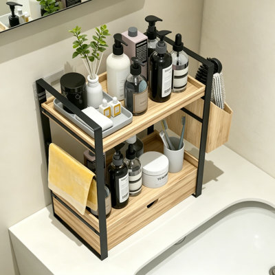 Wood Bathroom Counter Organizer With Drawer And Side Baskets, 2-Tier Vanity Storage Shelf For Skincare, Makeup, Kitchen And Office Countertop Organization