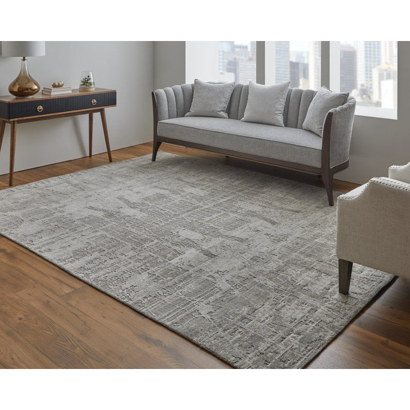 Tapis abstrait en viscose tissé à la main gris / ivoire, Tapis de couloir 2 pi 6 po x 10 pi