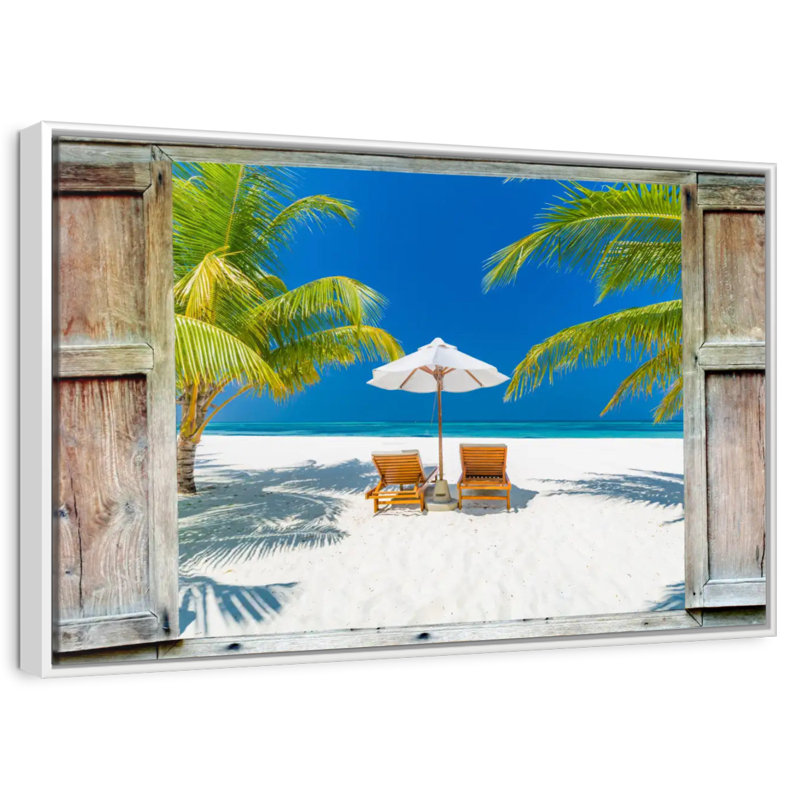 Fenêtre sur la côte des Maldives, Cadre flottant blanc, 37 po x 25 po