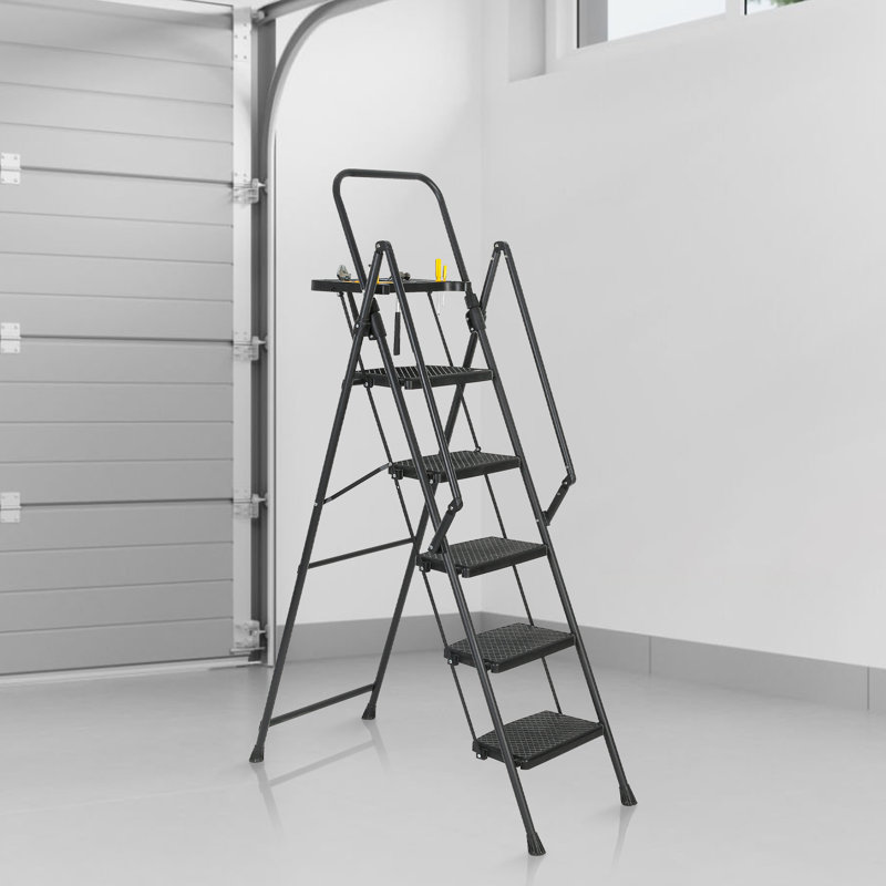 5-Step Reach Height Foldable Step Ladder With Tool Tray And Wide Non Slip Pedals, Convenient Handrails