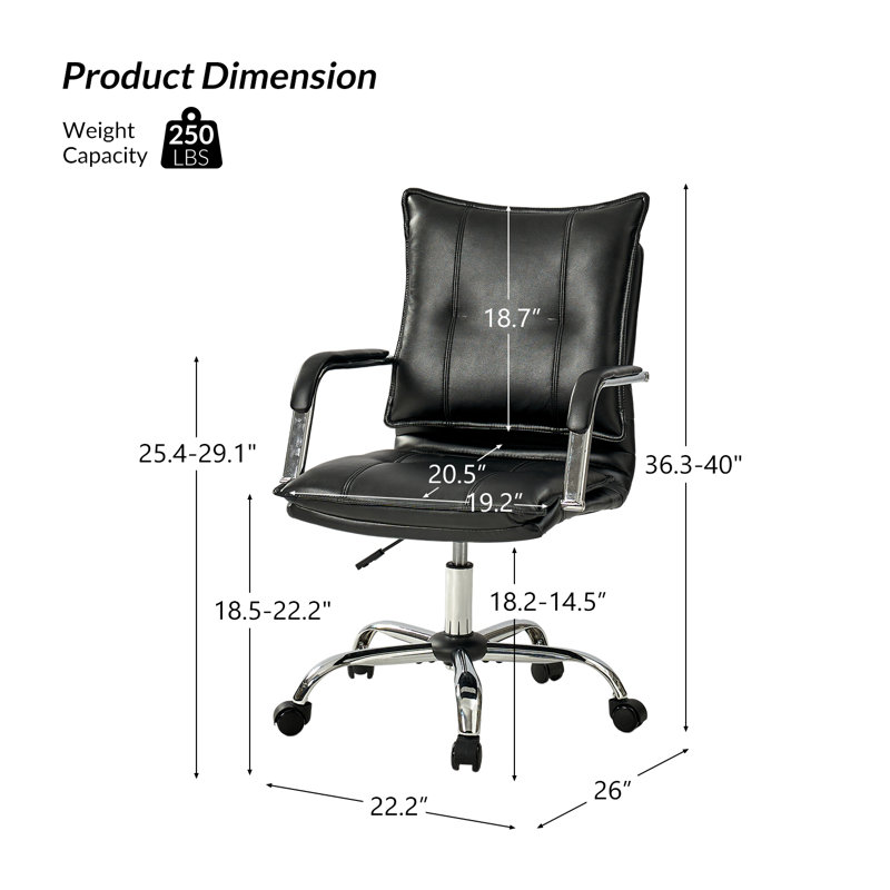  Chaise de bureau pivotante en similicuir de 22,2 po avec dossier capitonné Lundgren, Noir