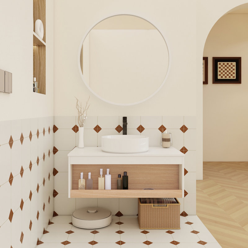 Meuble-lavabo flottant 36 po avec lavabo vasque rond blanc brillant, meuble-lavabo mural avec rangement ouvert, finition blanche avec comptoir durable, conception moderne peu encombrante (livré dans 2 boîtes)