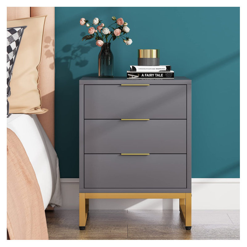 Carncastle 44.9cm W Manufactured Wood Bedside Table, Grey/Gold