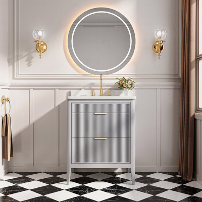 Meuble-lavabo autoportant à simple cuve, avec 2 ensembles de poignées et plateau en marbre d'ingénierie