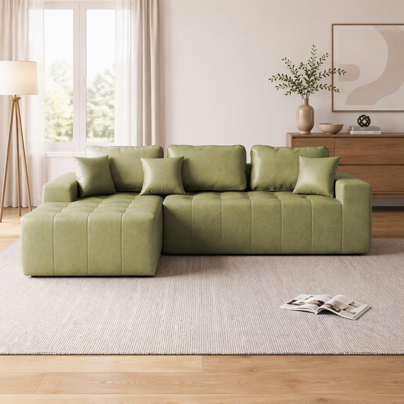Canapé-lit de coin en similicuir avec méridienne à compression, canapé modulaire en L avec éponge haute densité, canapé convertible sans assemblage requis pour le salon, appartement, chambre d'amis (vert)