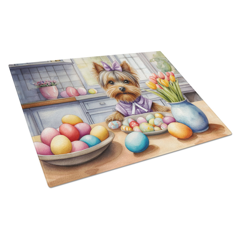 Decorating Easter Yorkshire Terrier Glass Cutting Board