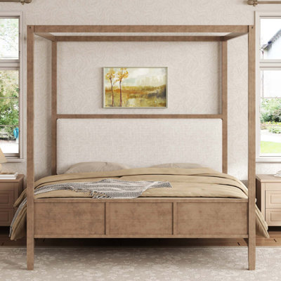Lit plateforme à baldaquin en bois avec tête de lit tapissier, aucun sommier requis