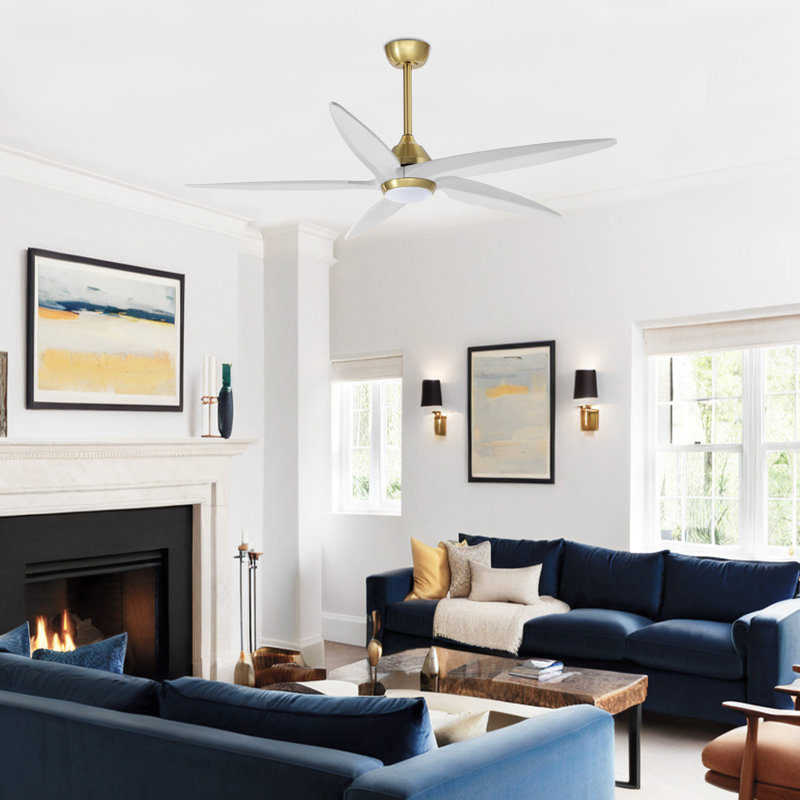 Ventilateur de plafond en bois massif à 5 pales Chanille avec lumière DEL et télécommande, 54", Blanc cassé, Or