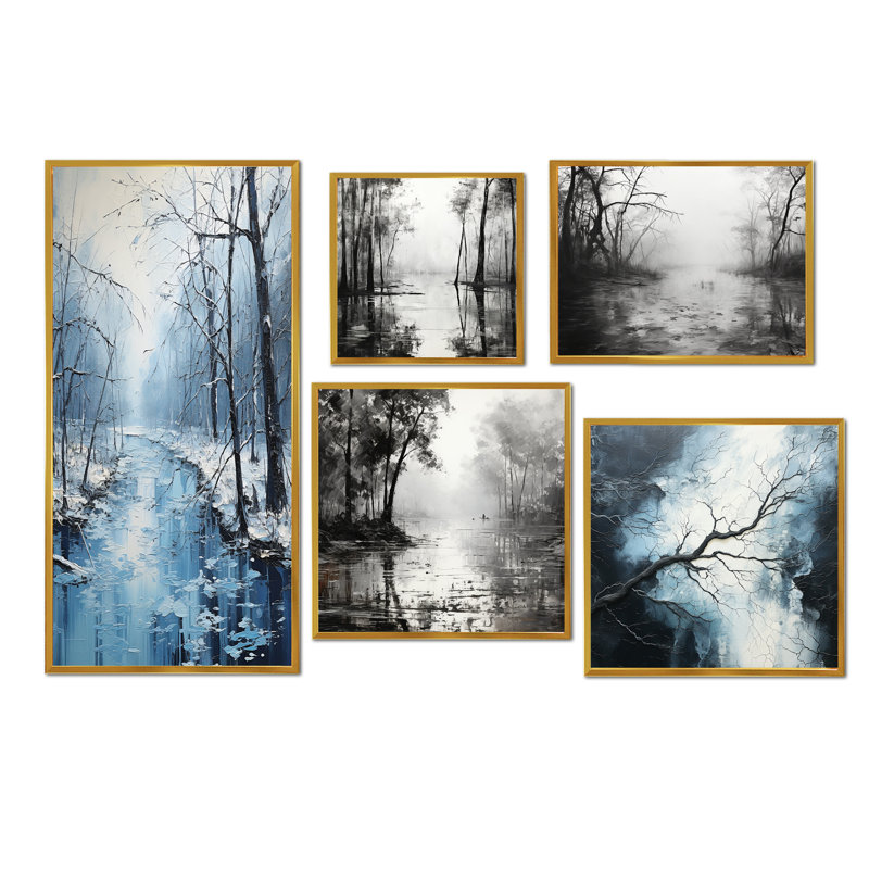 «Enchanted Winter Woods River - Forest River», ensemble de 5 impressions sur toile, Cadre flottant doré