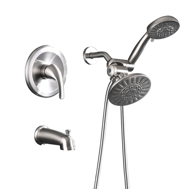 Ensemble de robinets de douche 2 en 1 avec robinet de douche à main et baignoire 6 fonctions, Nickel brossé
