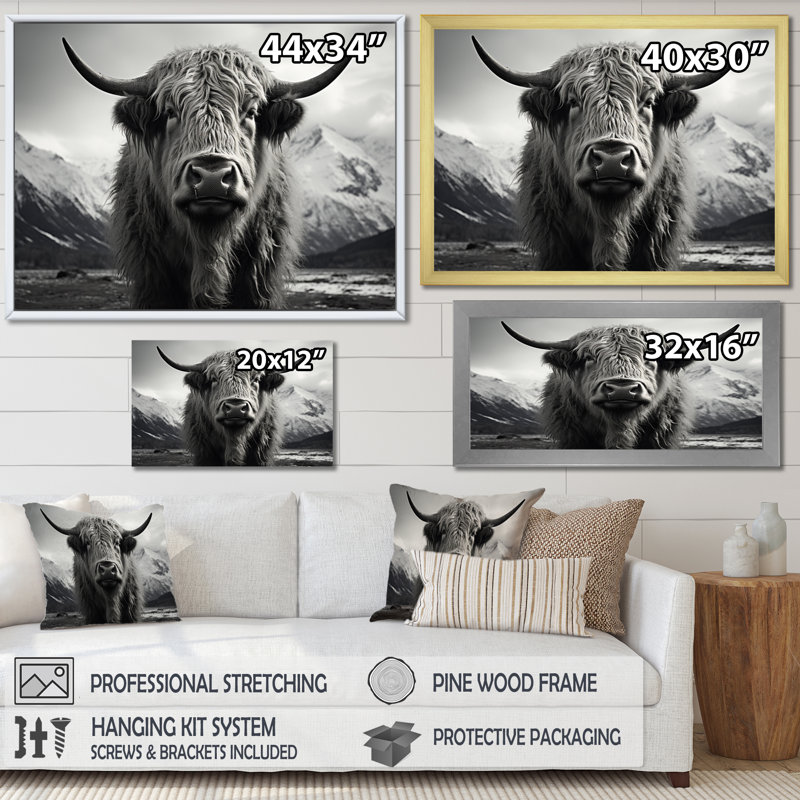 Portrait de yaks noir et blanc IV encadré sur toile, Noir, H 16 po x l 32 po x P 1 po