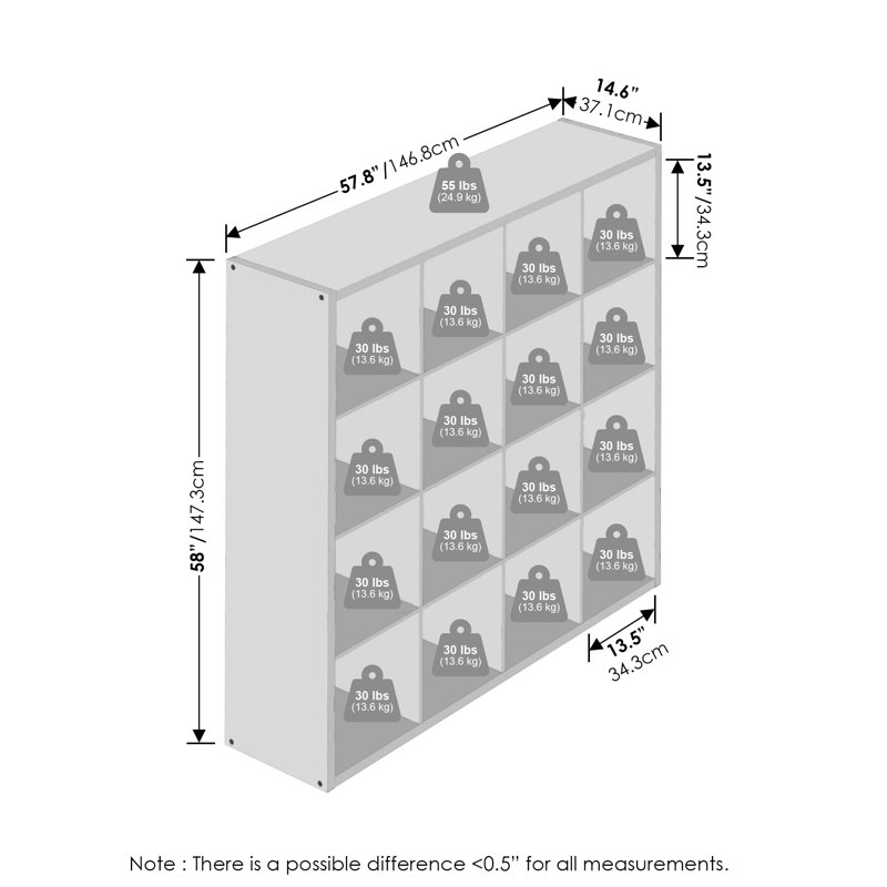 Organisateur de rangement à cube ouvert Latitude Run® Sisler, tablette debout, 16 cubes, blanc, Chêne foncé