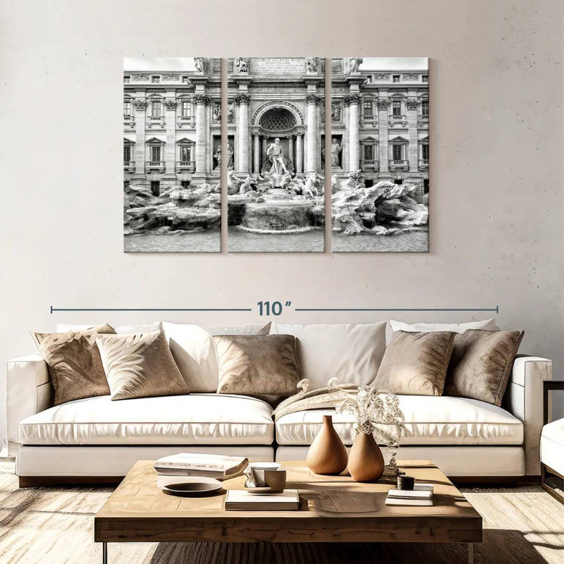 Fontaine Sebbie Trevi en noir et blanc, H 48 po x l 74 po