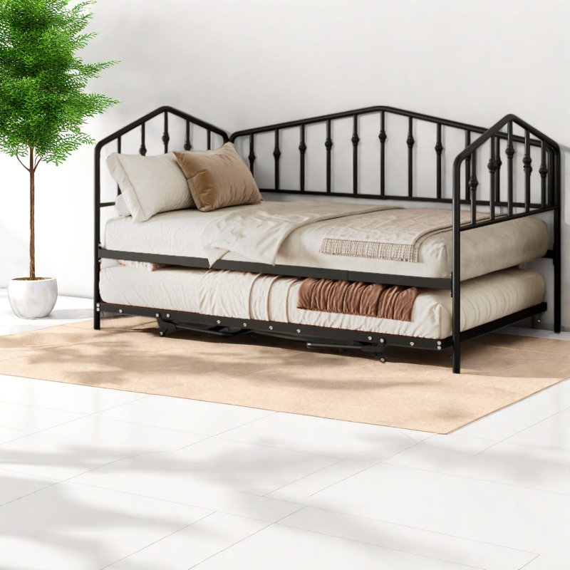 Lits jumeaux extensibles, lit de jour moderne en métal noir avec lit gigogne portatif pour la maison, Black