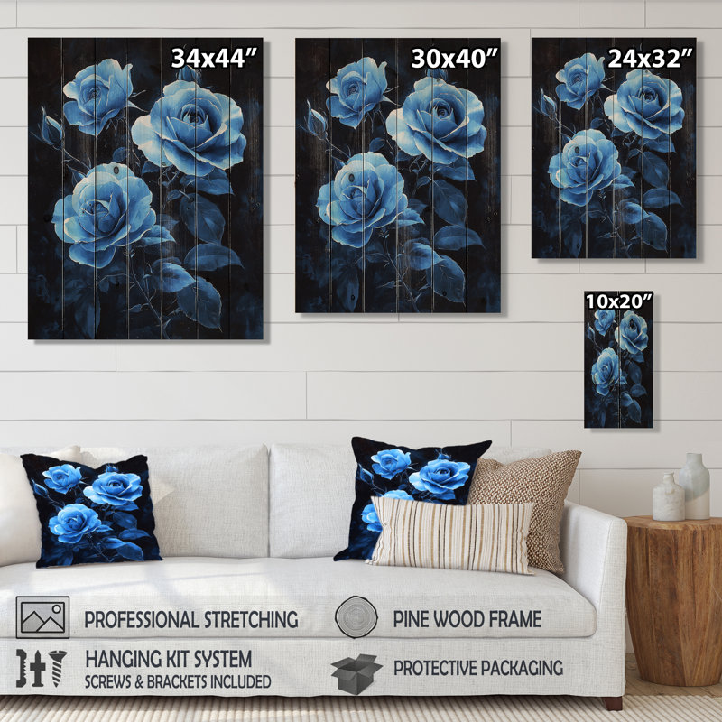 «Dark Aqua Roses Elegance At Night I», art mural en bois Roses, sur bois de pin naturel, H 40 po x l 30 po x P 0,78 po