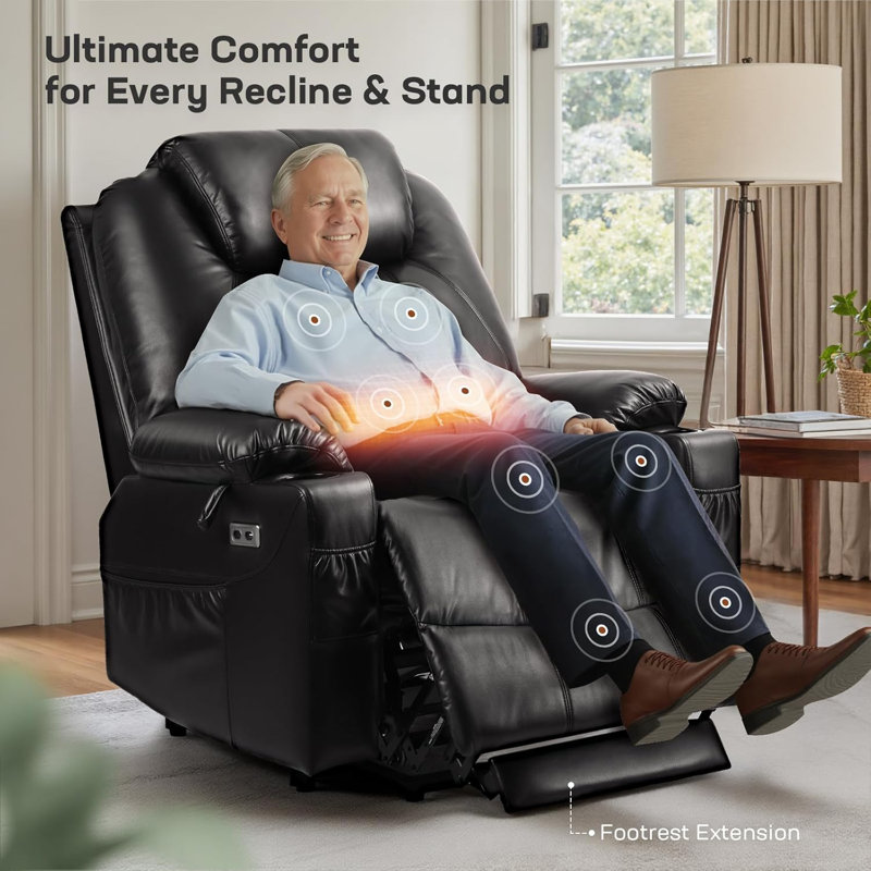 Dual Motor Power Lift Recliner Chair for Elderly with Massage and Heat, Electric Lift Chair for Big and Tall Adults, USB A&C, 2 Cup Holders (T6013 - Faux Leather, Black, Oversized)