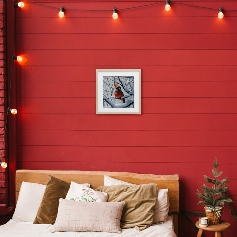 «Winter Cool Cardinal», impression par Jim Baldwin, Cadre de récolte en pin, H 16 po x l 16 po