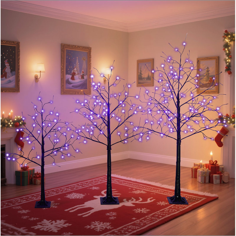 Arbre de Noël 3 lumières avec lumières mauves, 4 pi 5 pi et 6 pi, arbre noir éclairé pour la décoration de Noël