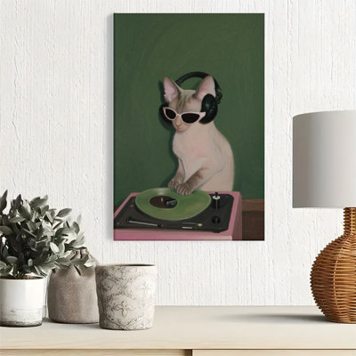 1pc Framed Canvas Wall Art Prints Poster, Hairless Cat, DJ Scratching, Surrealistic Oil Painting Style Art Posters Canvas Print Painting for Living Room Bedroom Office Bathroom Dorm Home Decor, Ready To Hang