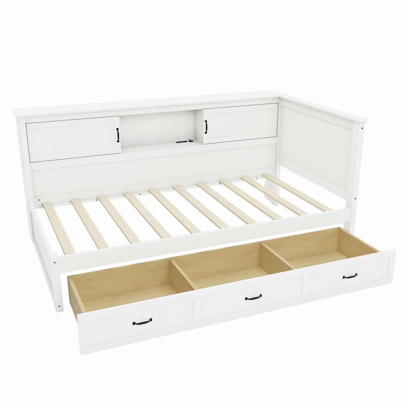 L-Shaped Bed Frame With Drawer And And Bookcase,Corner Bed Wooden Captain Bed With Led Downlight And USB Port For Small Room,Bedroom, Guest Room