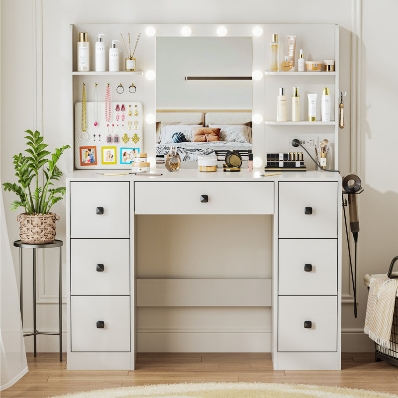 Makeup Vanity Desk With 10 Light 3 Lighting Modes Brightness And Mirror And Power Outlet