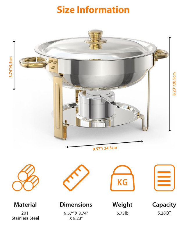 Ensemble de buffet à vaisselle rond 5QT - Ensemble de 4 réchauds en acier inoxydable avec couvercles, porte-couvercles, cuillère de service et pince à épiler pour les mariages, la restauration et les dîners