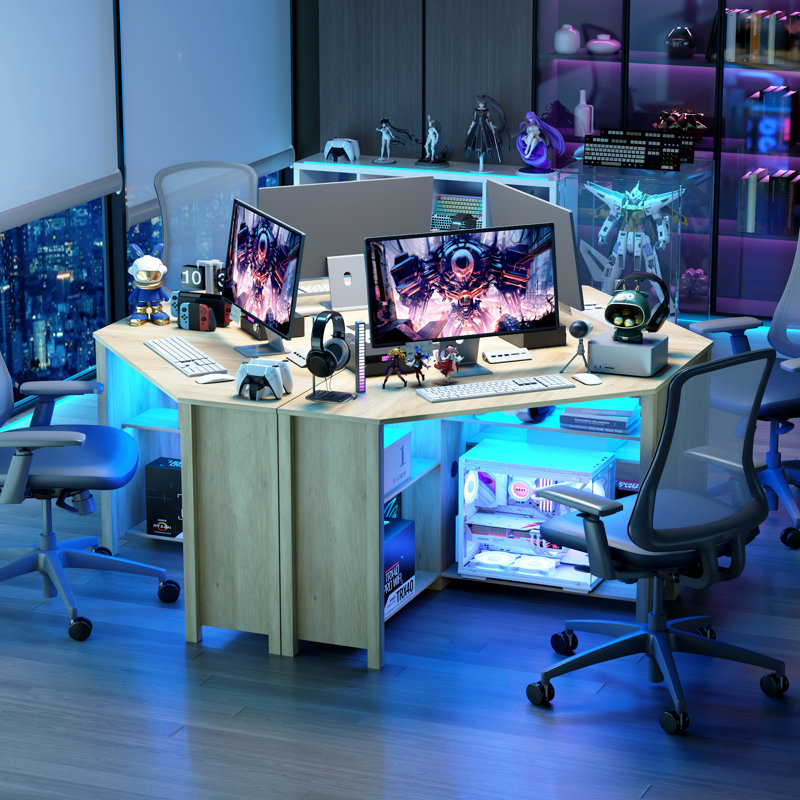Corner Desk With Power Outlets and 3-Color Sensor Lights For Small Space, Yellow