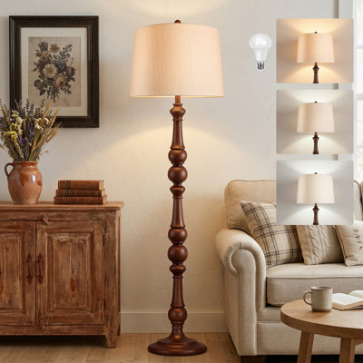 64” Vintage Spindle Floor Lamp for Living Room, Mid-Century Tall Standing Lamp with Linen Shade for Bedroom, Office(Bulb Included)