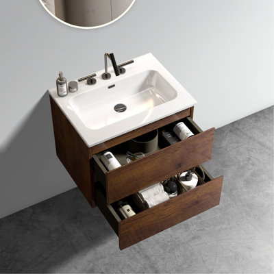 Meuble-lavabo mural intemporel avec lavabo en céramique et beaucoup de rangement