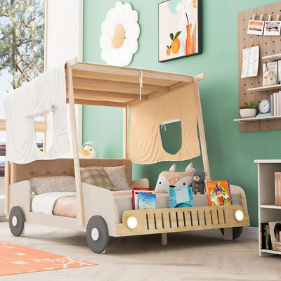 Lit voiture double en bois avec coussin, toile de plafond et DEL
