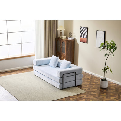 Lit convertible au sol en bleu, futon de compression à 3 places avec support de dossier, accoudoirs et tissu chenille pour les petits appartements, Blue Family Relaxing